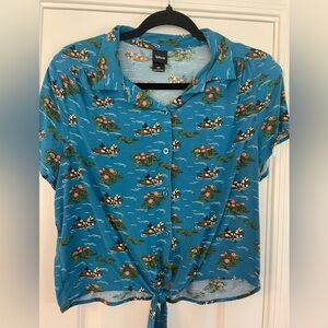 Disney Mickey Minnie Rowboat Blue Button up tie crop top collared blouse Sz Med
